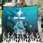 Personalized Cronulla-Sutherland Sharks Quilt Y2K Grunge Aesthetic With Cyber Flames and Starburst Graphics