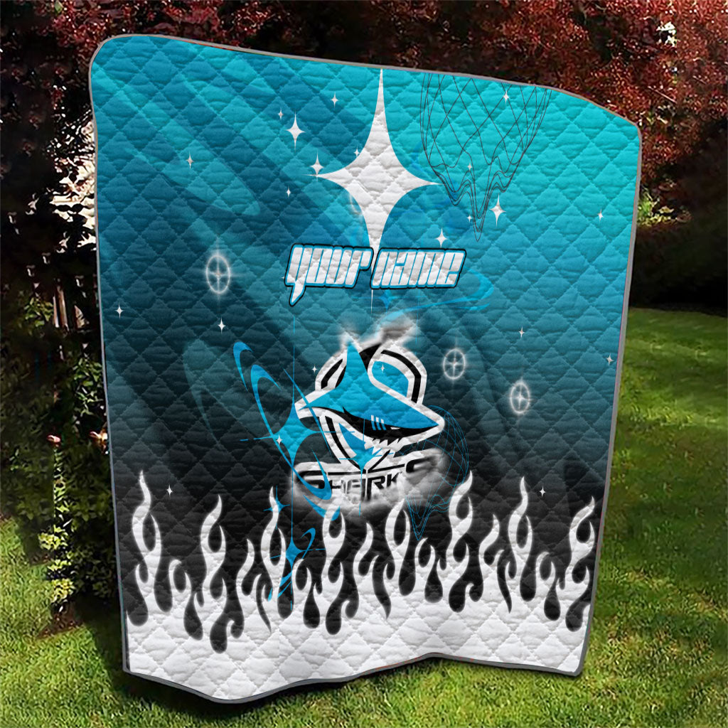Personalized Cronulla-Sutherland Sharks Quilt Y2K Grunge Aesthetic With Cyber Flames and Starburst Graphics