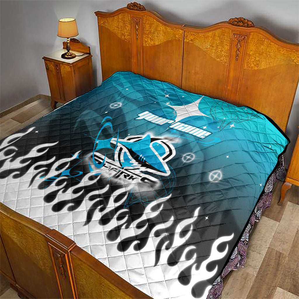 Personalized Cronulla-Sutherland Sharks Quilt Y2K Grunge Aesthetic With Cyber Flames and Starburst Graphics