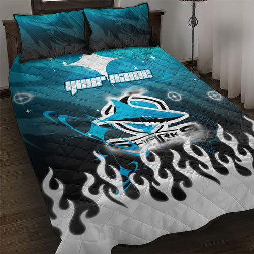 Personalized Cronulla-Sutherland Sharks Quilt Bed Set Y2K Grunge Aesthetic With Cyber Flames and Starburst Graphics