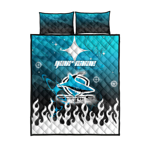 Personalized Cronulla-Sutherland Sharks Quilt Bed Set Y2K Grunge Aesthetic With Cyber Flames and Starburst Graphics