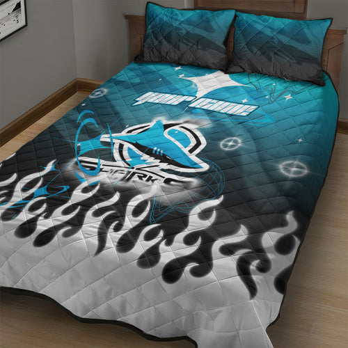 Personalized Cronulla-Sutherland Sharks Quilt Bed Set Y2K Grunge Aesthetic With Cyber Flames and Starburst Graphics