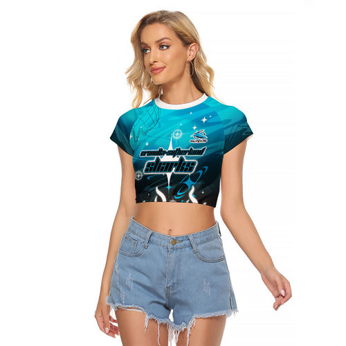 Personalized Cronulla-Sutherland Sharks Raglan Cropped T Shirt Y2K Grunge Aesthetic With Cyber Flames and Starburst Graphics