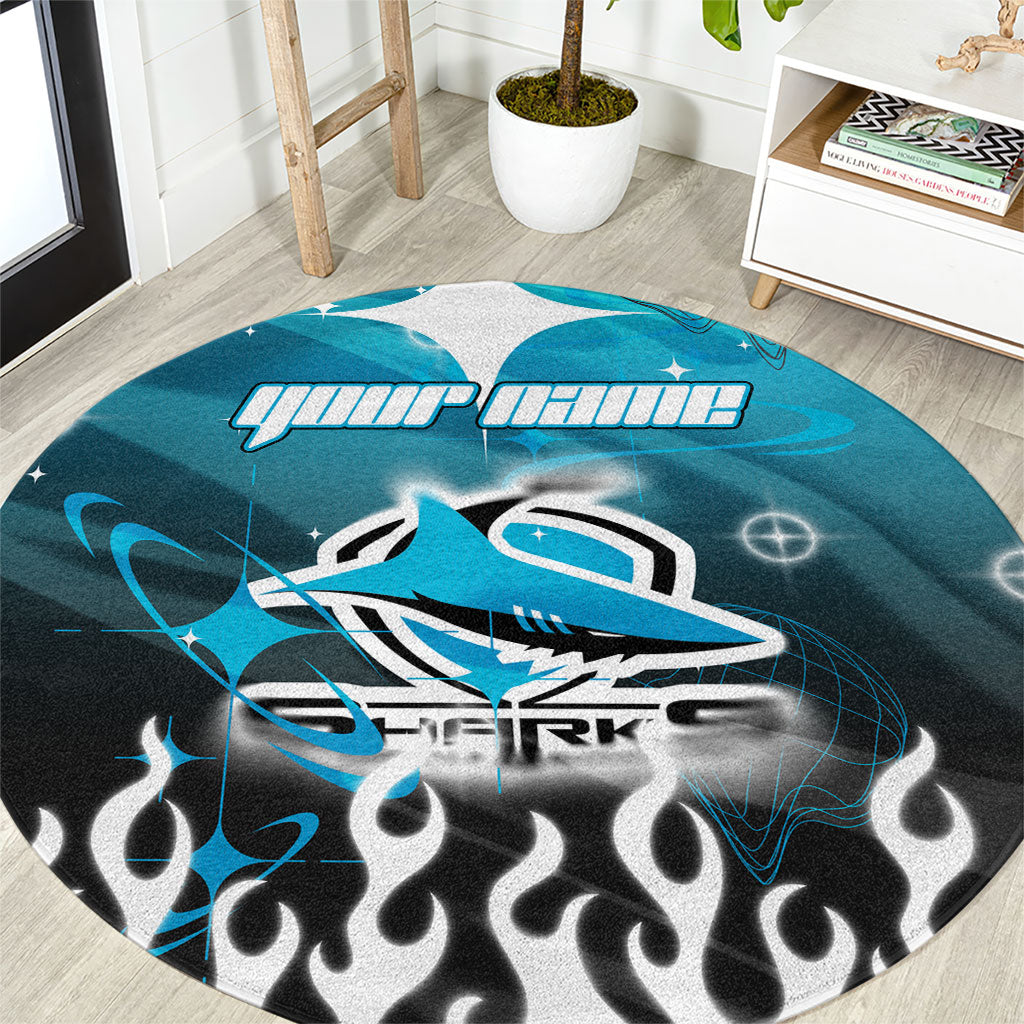 Personalized Cronulla-Sutherland Sharks Round Carpet Y2K Grunge Aesthetic With Cyber Flames and Starburst Graphics