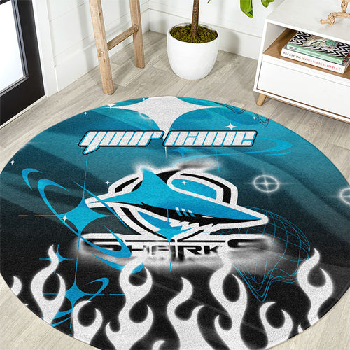 Personalized Cronulla-Sutherland Sharks Round Carpet Y2K Grunge Aesthetic With Cyber Flames and Starburst Graphics