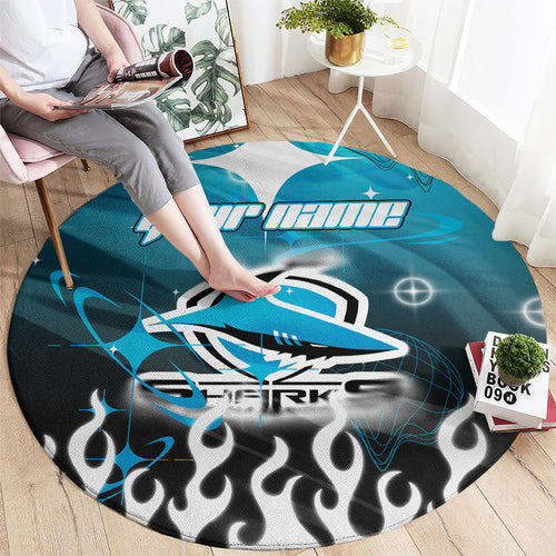 Personalized Cronulla-Sutherland Sharks Round Carpet Y2K Grunge Aesthetic With Cyber Flames and Starburst Graphics