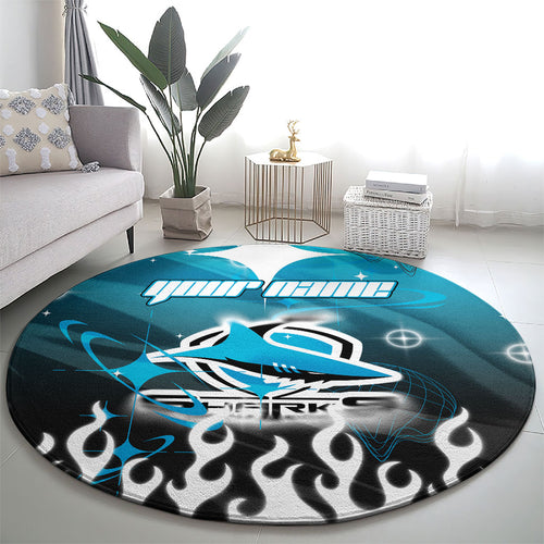 Personalized Cronulla-Sutherland Sharks Round Carpet Y2K Grunge Aesthetic With Cyber Flames and Starburst Graphics