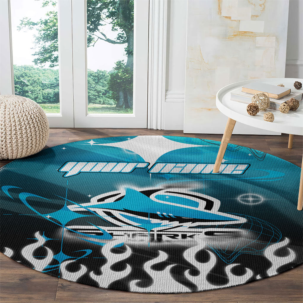 Personalized Cronulla-Sutherland Sharks Round Carpet Y2K Grunge Aesthetic With Cyber Flames and Starburst Graphics