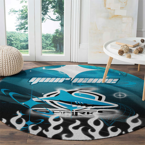 Personalized Cronulla-Sutherland Sharks Round Carpet Y2K Grunge Aesthetic With Cyber Flames and Starburst Graphics