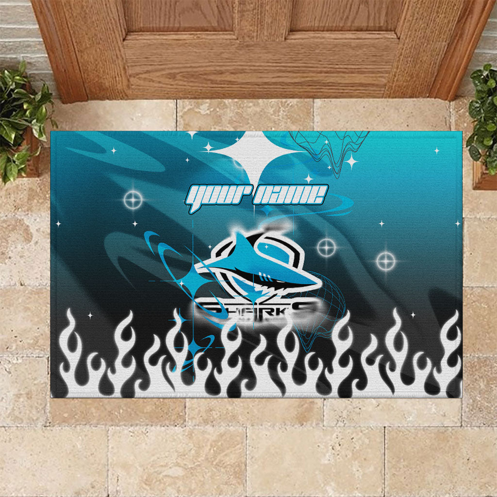 Personalized Cronulla-Sutherland Sharks Rubber Doormat Y2K Grunge Aesthetic With Cyber Flames and Starburst Graphics