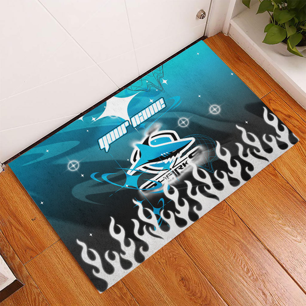 Personalized Cronulla-Sutherland Sharks Rubber Doormat Y2K Grunge Aesthetic With Cyber Flames and Starburst Graphics