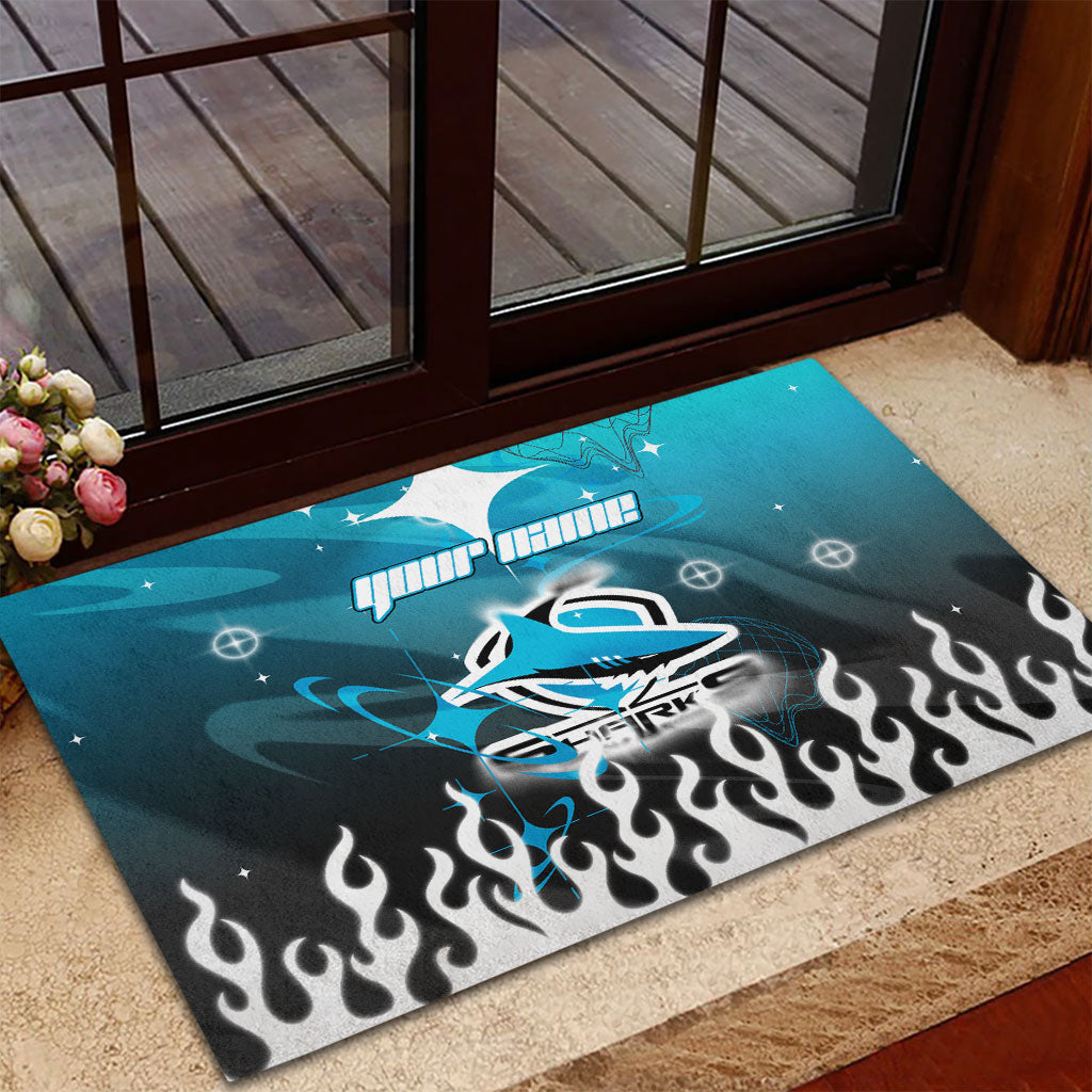 Personalized Cronulla-Sutherland Sharks Rubber Doormat Y2K Grunge Aesthetic With Cyber Flames and Starburst Graphics