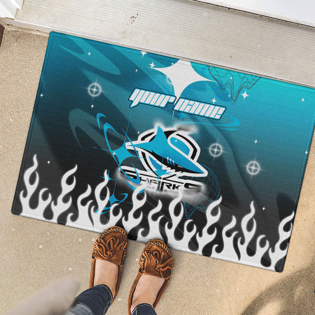 Personalized Cronulla-Sutherland Sharks Rubber Doormat Y2K Grunge Aesthetic With Cyber Flames and Starburst Graphics