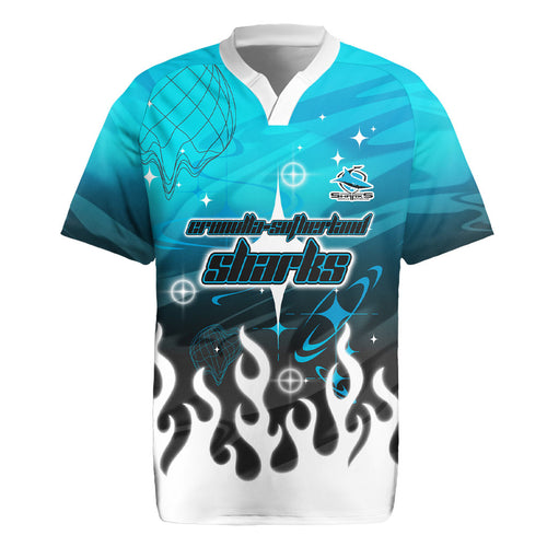 Personalized Cronulla-Sutherland Sharks Rugby Jersey Y2K Grunge Aesthetic With Cyber Flames and Starburst Graphics