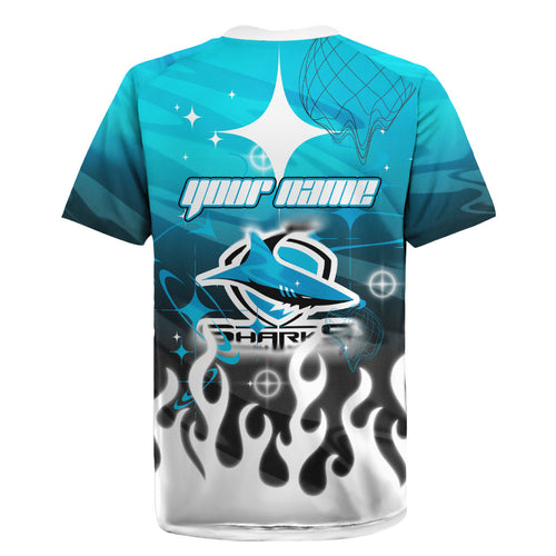 Personalized Cronulla-Sutherland Sharks Rugby Jersey Y2K Grunge Aesthetic With Cyber Flames and Starburst Graphics