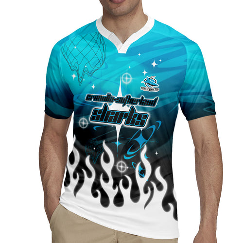 Personalized Cronulla-Sutherland Sharks Rugby Jersey Y2K Grunge Aesthetic With Cyber Flames and Starburst Graphics
