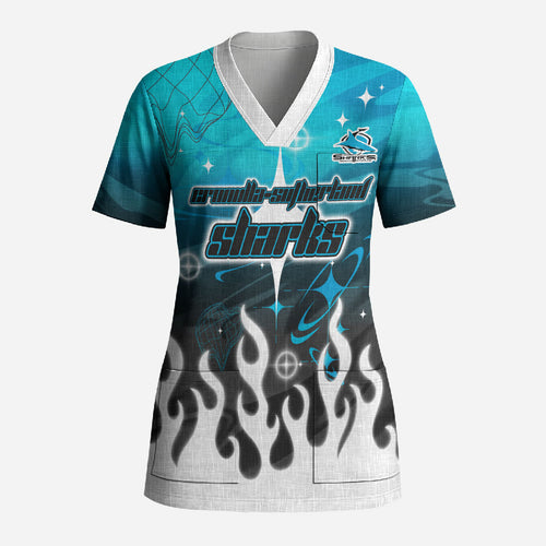 Personalized Cronulla-Sutherland Sharks Scrub Top Y2K Grunge Aesthetic With Cyber Flames and Starburst Graphics