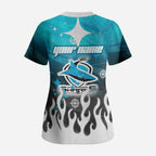 Personalized Cronulla-Sutherland Sharks Scrub Top Y2K Grunge Aesthetic With Cyber Flames and Starburst Graphics