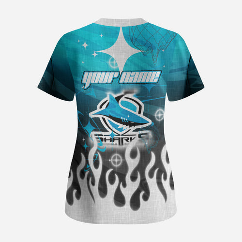 Personalized Cronulla-Sutherland Sharks Scrub Top Y2K Grunge Aesthetic With Cyber Flames and Starburst Graphics