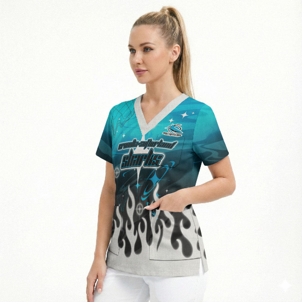 Personalized Cronulla-Sutherland Sharks Scrub Top Y2K Grunge Aesthetic With Cyber Flames and Starburst Graphics