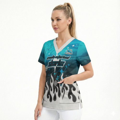 Personalized Cronulla-Sutherland Sharks Scrub Top Y2K Grunge Aesthetic With Cyber Flames and Starburst Graphics