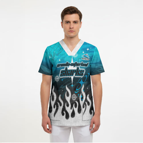 Personalized Cronulla-Sutherland Sharks Scrub Top Y2K Grunge Aesthetic With Cyber Flames and Starburst Graphics