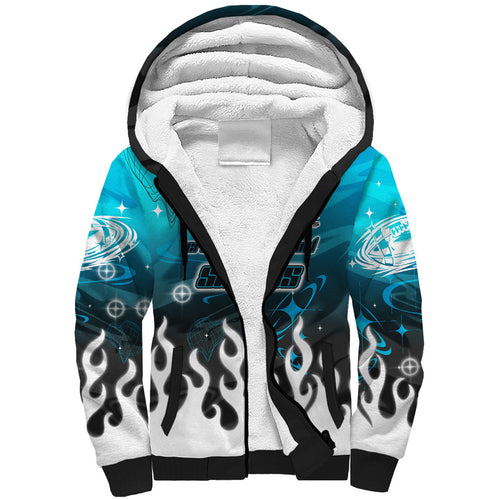 Personalized Cronulla-Sutherland Sharks Sherpa Hoodie Y2K Grunge Aesthetic With Cyber Flames and Starburst Graphics