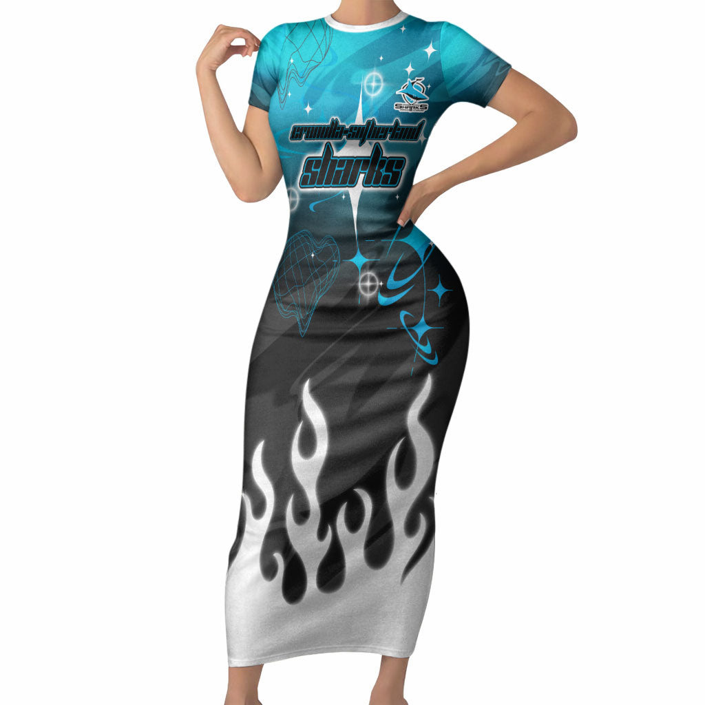 Personalized Cronulla-Sutherland Sharks Short Sleeve Bodycon Dress Y2K Grunge Aesthetic With Cyber Flames and Starburst Graphics