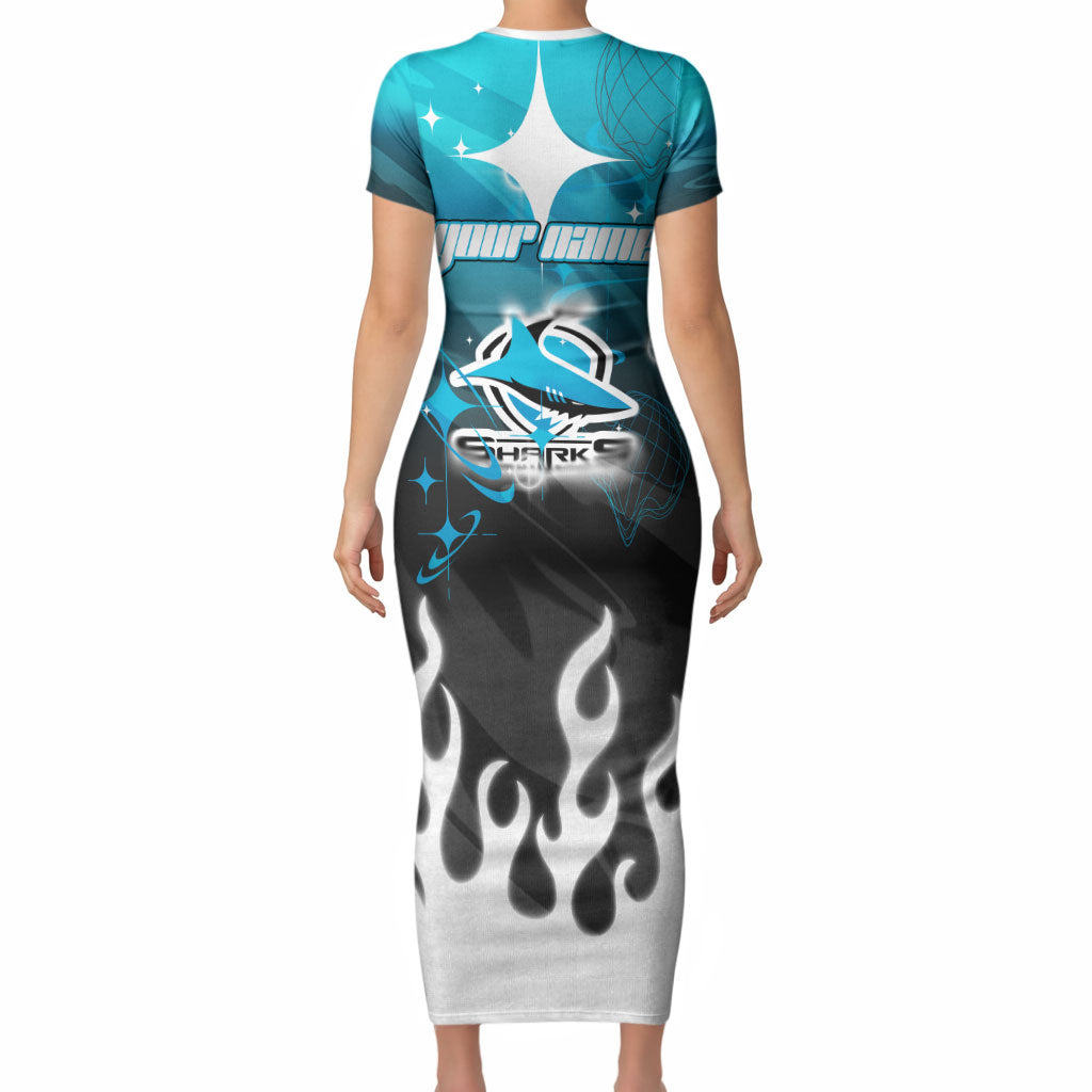 Personalized Cronulla-Sutherland Sharks Short Sleeve Bodycon Dress Y2K Grunge Aesthetic With Cyber Flames and Starburst Graphics