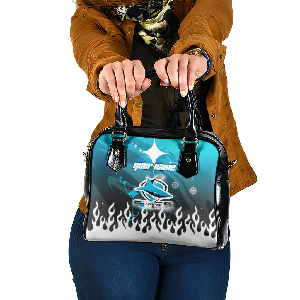 Personalized Cronulla-Sutherland Sharks Shoulder Handbag Y2K Grunge Aesthetic With Cyber Flames and Starburst Graphics