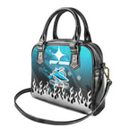 Personalized Cronulla-Sutherland Sharks Shoulder Handbag Y2K Grunge Aesthetic With Cyber Flames and Starburst Graphics