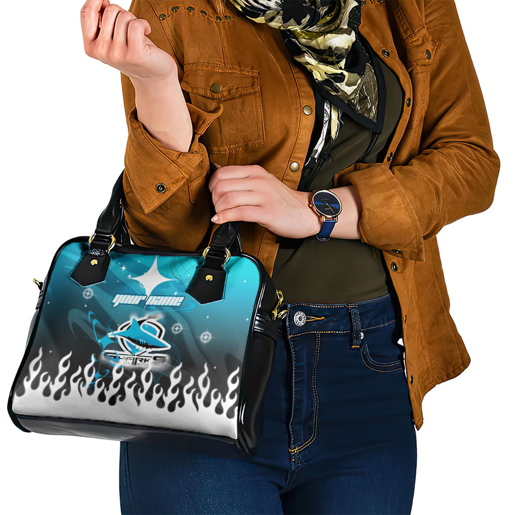 Personalized Cronulla-Sutherland Sharks Shoulder Handbag Y2K Grunge Aesthetic With Cyber Flames and Starburst Graphics