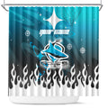 Personalized Cronulla-Sutherland Sharks Shower Curtain Y2K Grunge Aesthetic With Cyber Flames and Starburst Graphics
