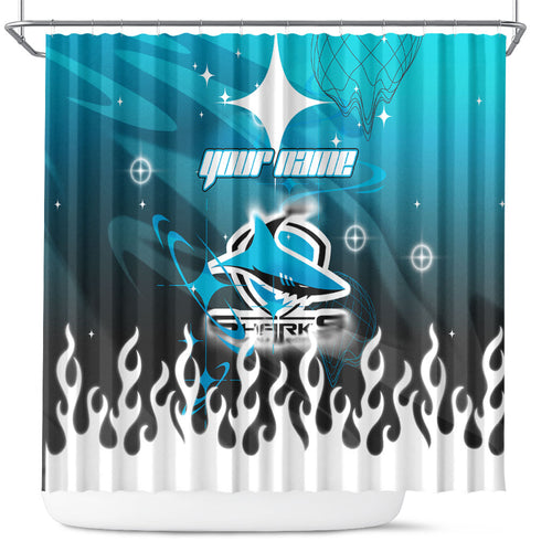 Personalized Cronulla-Sutherland Sharks Shower Curtain Y2K Grunge Aesthetic With Cyber Flames and Starburst Graphics