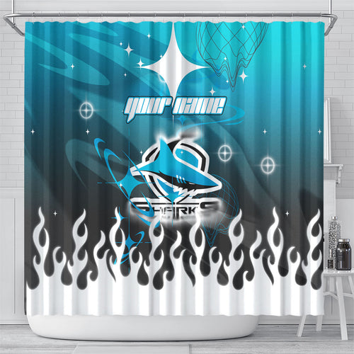 Personalized Cronulla-Sutherland Sharks Shower Curtain Y2K Grunge Aesthetic With Cyber Flames and Starburst Graphics