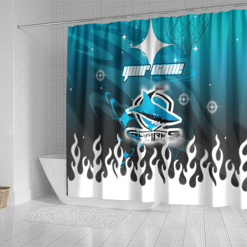 Personalized Cronulla-Sutherland Sharks Shower Curtain Y2K Grunge Aesthetic With Cyber Flames and Starburst Graphics