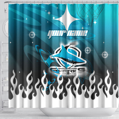 Personalized Cronulla-Sutherland Sharks Shower Curtain Y2K Grunge Aesthetic With Cyber Flames and Starburst Graphics