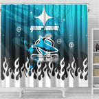 Personalized Cronulla-Sutherland Sharks Shower Curtain Y2K Grunge Aesthetic With Cyber Flames and Starburst Graphics