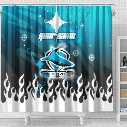 Personalized Cronulla-Sutherland Sharks Shower Curtain Y2K Grunge Aesthetic With Cyber Flames and Starburst Graphics