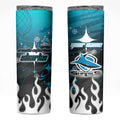 Personalized Cronulla-Sutherland Sharks Skinny Tumbler Y2K Grunge Aesthetic With Cyber Flames and Starburst Graphics