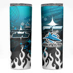 Personalized Cronulla-Sutherland Sharks Skinny Tumbler Y2K Grunge Aesthetic With Cyber Flames and Starburst Graphics