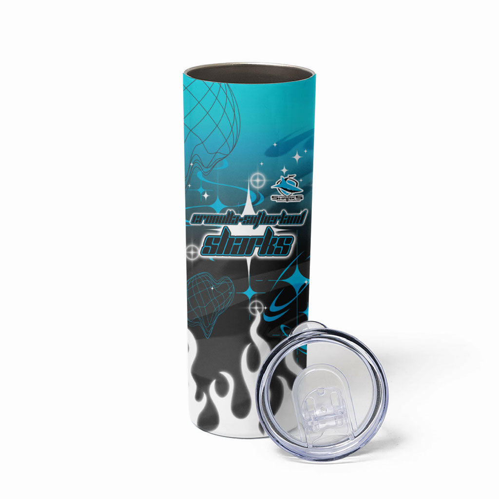 Personalized Cronulla-Sutherland Sharks Skinny Tumbler Y2K Grunge Aesthetic With Cyber Flames and Starburst Graphics