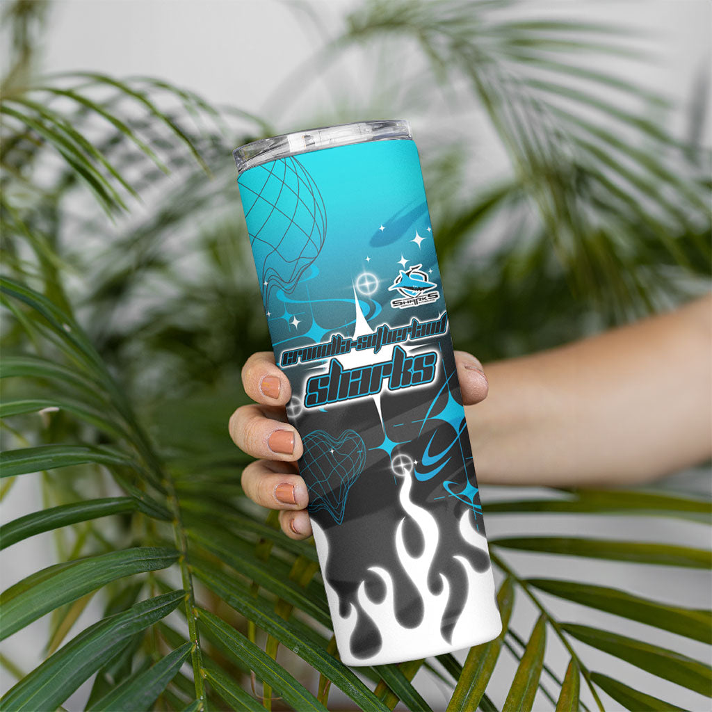 Personalized Cronulla-Sutherland Sharks Skinny Tumbler Y2K Grunge Aesthetic With Cyber Flames and Starburst Graphics