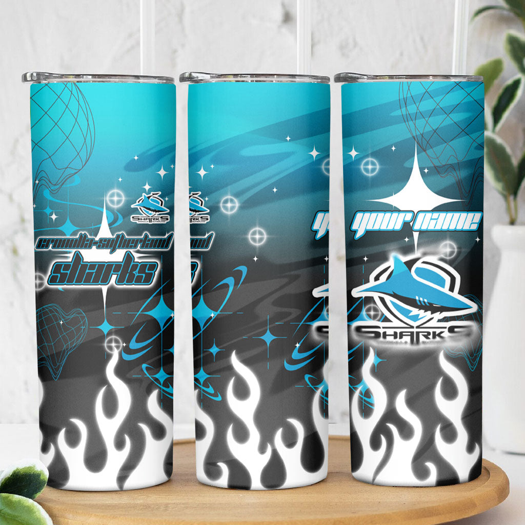 Personalized Cronulla-Sutherland Sharks Skinny Tumbler Y2K Grunge Aesthetic With Cyber Flames and Starburst Graphics