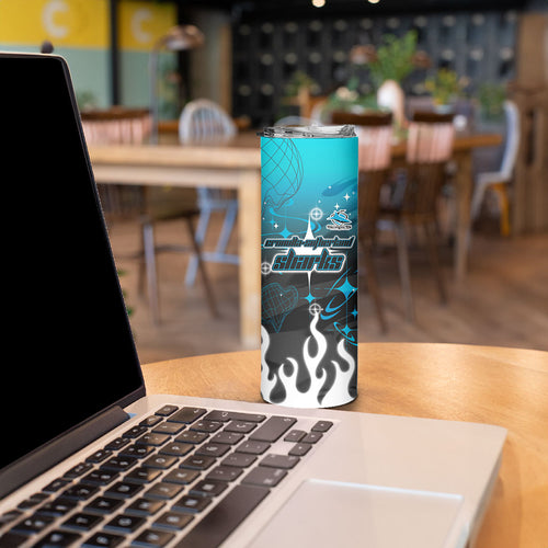 Personalized Cronulla-Sutherland Sharks Skinny Tumbler Y2K Grunge Aesthetic With Cyber Flames and Starburst Graphics