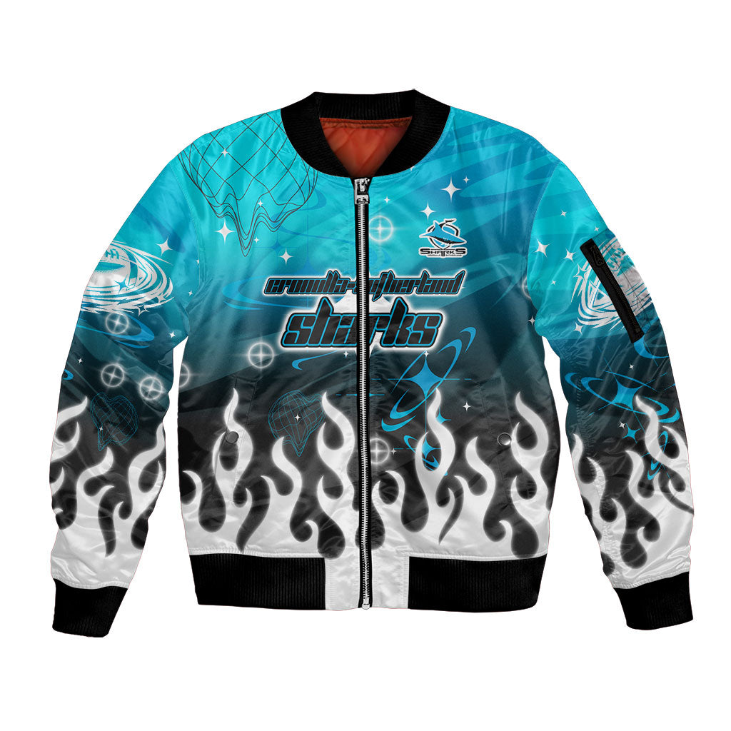 Personalized Cronulla-Sutherland Sharks Sleeve Zip Bomber Jacket Y2K Grunge Aesthetic With Cyber Flames and Starburst Graphics