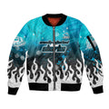 Personalized Cronulla-Sutherland Sharks Sleeve Zip Bomber Jacket Y2K Grunge Aesthetic With Cyber Flames and Starburst Graphics