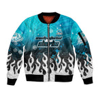 Personalized Cronulla-Sutherland Sharks Sleeve Zip Bomber Jacket Y2K Grunge Aesthetic With Cyber Flames and Starburst Graphics