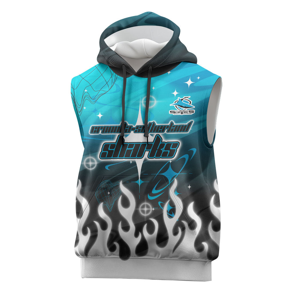 Personalized Cronulla-Sutherland Sharks Sleeveless Hoodie Y2K Grunge Aesthetic With Cyber Flames and Starburst Graphics