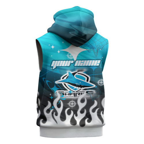 Personalized Cronulla-Sutherland Sharks Sleeveless Hoodie Y2K Grunge Aesthetic With Cyber Flames and Starburst Graphics